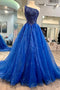 A-Line Sequin Blue Beaded One-Shoulder Prom Dresses, Long Tulle Formal Gown GP409
