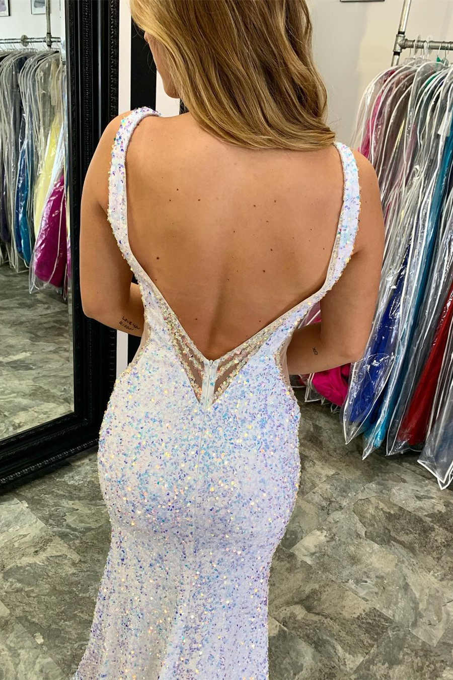 Glitter V-Neck Sequins Mermaid Prom Dress, Backless White Sparkly Evening Gown GP270