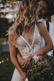 Flowy A-line V-neck Boho Wedding Dress With Appliques Beading PW56