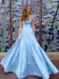 Light blue 3d flowers long prom dresses, off shoulder long graduation dresses mg04