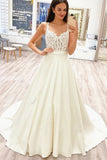 A-line v-neck prom evening dresses, lace appliques ivory wedding dresses mg09