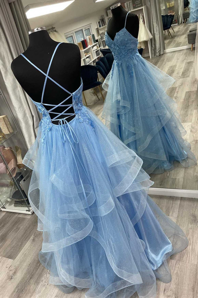 a line blue floral appliques prom dress sparkly tulle graduation gown