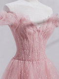 Princess Pink Tulle Tea Length Prom Dress, Pink Off shoulder Sweet 16 Dress GP287