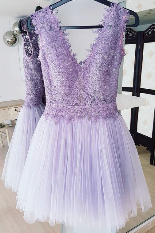 cute a line v neck lace top tulle lilac short homecoming dress