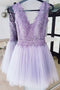 Cute A-line V-neck Lace Top Tulle Lilac Short Homecoming Dress GM322
