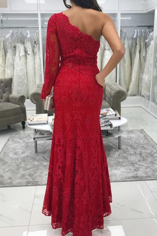 One shoulder long sleeve lace mermaid red prom dresses with split mg119