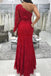 One shoulder long sleeve lace mermaid red prom dresses with split mg119