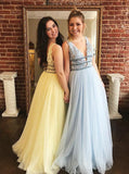 Long lace tulle prom dresses, a-line graduation dresses with beading mg24
