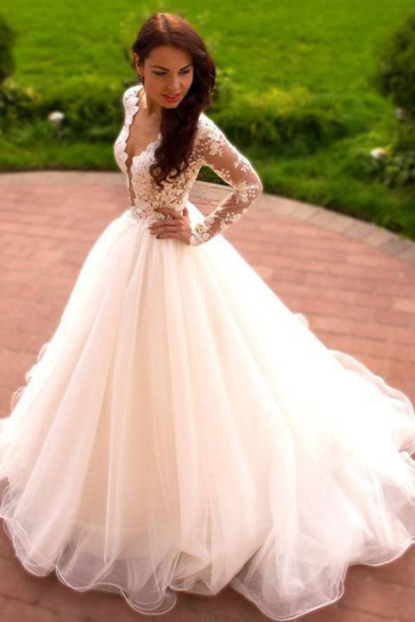 Ball Gown Long Sleeve Sheer Round Tulle Wedding Dress With Appliqued PW103