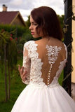 Ball Gown Long Sleeve Sheer Round Tulle Wedding Dress With Appliqued PW103