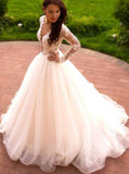 Ball Gown Long Sleeve Sheer Round Tulle Wedding Dress With Appliqued PW103