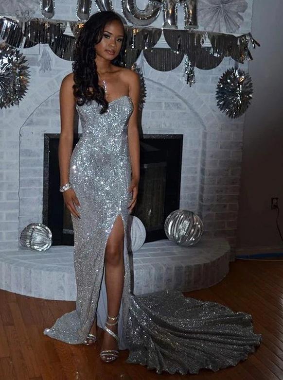 Silver Mermaid Sweetheart Long Prom Evening Dresses With Split MP97
