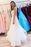 A-line V Neck Tulle Sequins Long Prom Dress, Backless Evening Dress MP151