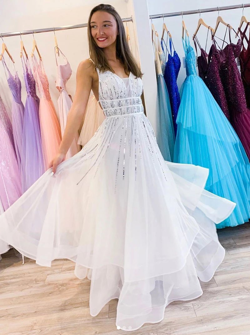 A-line V Neck Tulle Sequins Long Prom Dress, Backless Evening Dress MP151