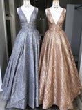 A-line V-neck Long Sparkle Prom Dresses,Sequins Beading Party Dress MP70