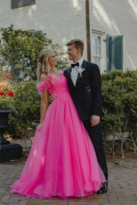 off the shoulder hot pink tulle long prom dress princess graduation gown