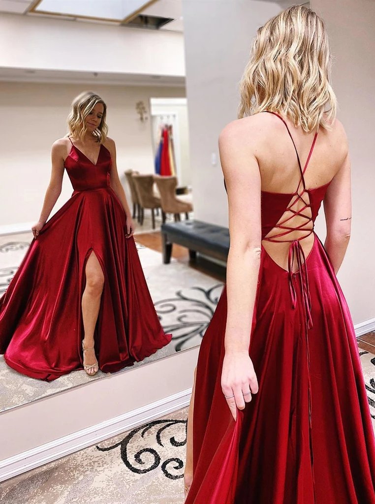 Burgundy backless long prom dresses, a-line v-neck formal evening dresses mg02