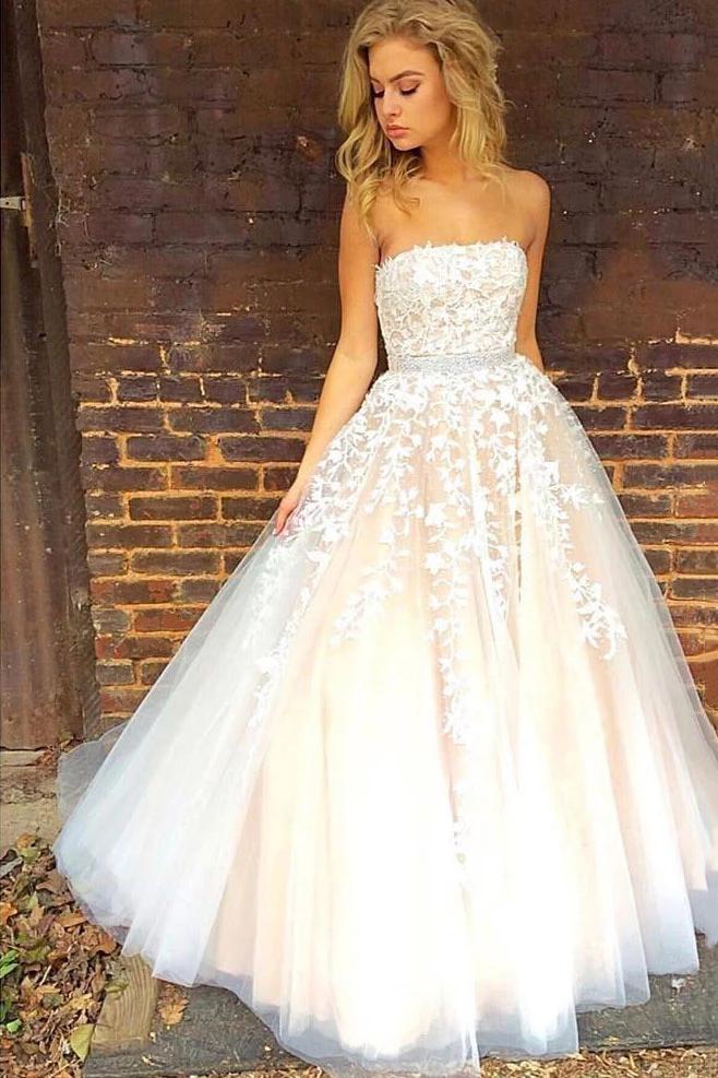 Strapless Appliques Long Prom Wedding Dress with Beading Waist PW148