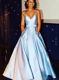 Satin A-line Light Sky Blue Long Prom Dresses with Beaded Pockets MP14