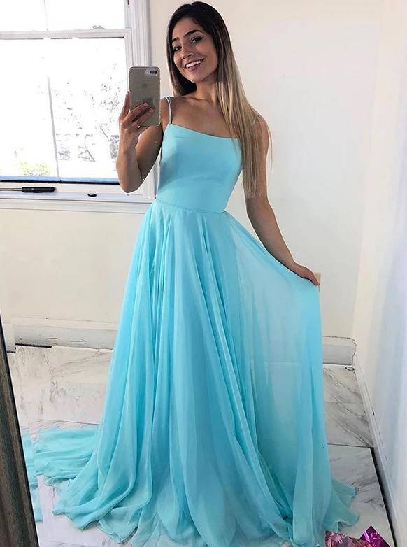 Simple Spaghetti Straps Ice Blue Chiffon Long Prom Dresses MP101