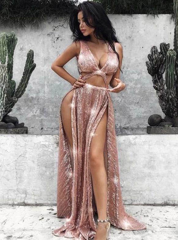 Rose Gold Sequins Long Prom Dresses, Sexy Evening Dresses With Split MP108