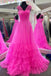 layers hot pink tulle long prom dresses princess formal gown