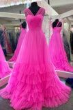 layers hot pink tulle long prom dresses princess formal gown