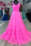 layers hot pink tulle long prom dresses princess formal gown