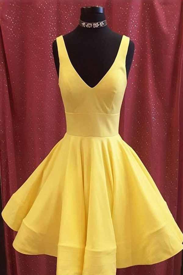 yellow a line v neck knee length satin homecoming dress simple short prom dress