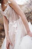 sweet a line v neck open back tulle ivory wedding dresses with appliques