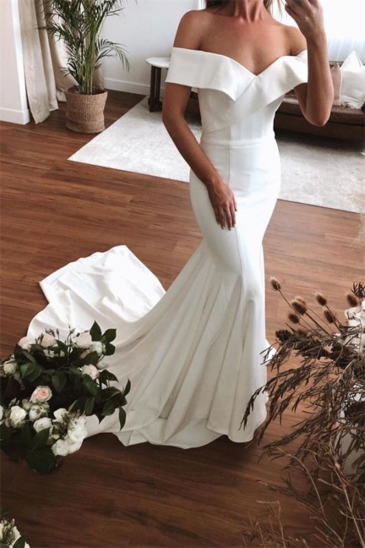 Off The Shoulder Simple Mermaid Wedding Dress, Elegant Bridal Gown PW476