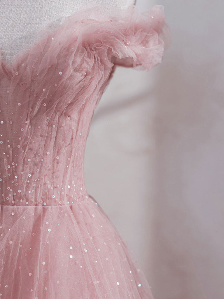 princess pink tulle tea length prom dress pink off shoulder sweet 16 dress