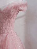 Princess Pink Tulle Tea Length Prom Dress, Pink Off shoulder Sweet 16 Dress GP287
