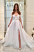 a line off the shoulder sweep train white wedding dress with tiered split