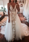 2 in 1 ivory v neck tulle wedding dresses lace applique bridal gown