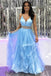 a line v neck blue tulle long prom dress ruffles blue formal gown