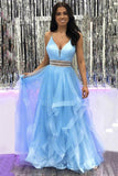 A-Line V-neck Blue Tulle Long Prom Dress, Ruffles Blue Formal Gown GP314