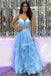 a line v neck blue tulle long prom dress ruffles blue formal gown