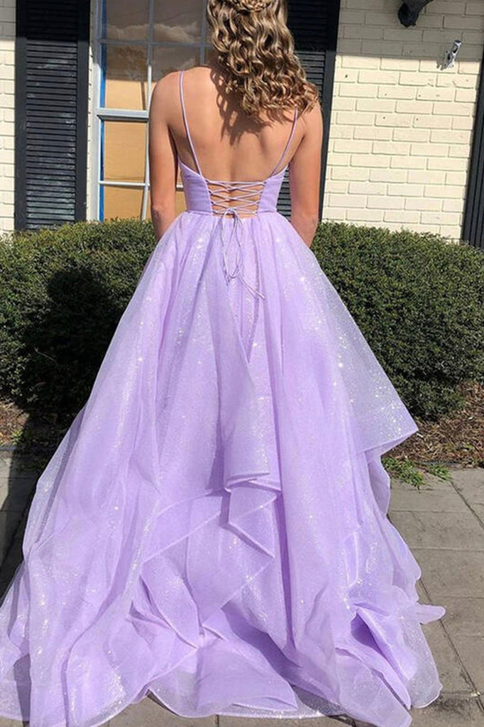 sparkle lavender tiered long prom dresses shiny long graduation gown