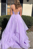 Sparkle Lavender Tiered Long Prom Dresses, Shiny Long Graduation Gown GP286