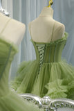 princess green tulle long ball gown dress a line formal dress