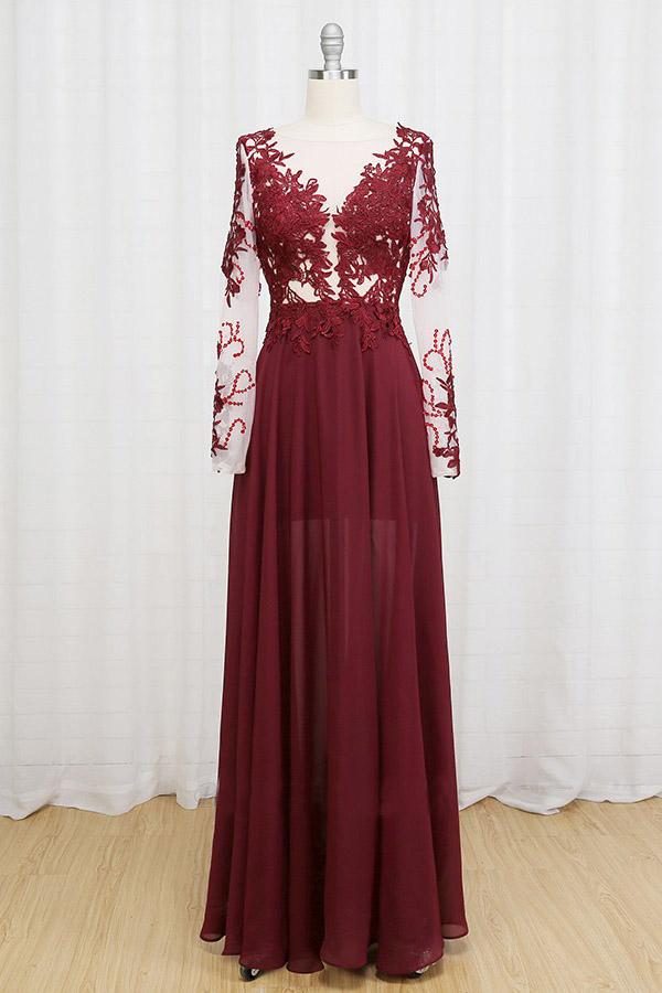 black lace applique long sleeve chiffon prom dress evening dresses