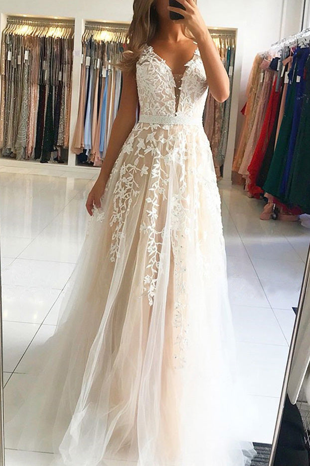 elegant a line v neck sleeveless long prom dress with appliques