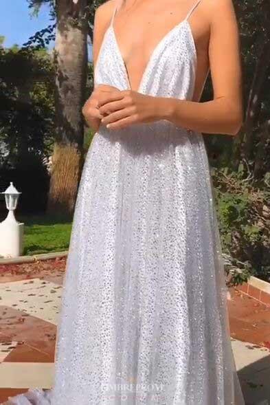 sparkly long prom dress spaghetti v neck backless sequin evening gown