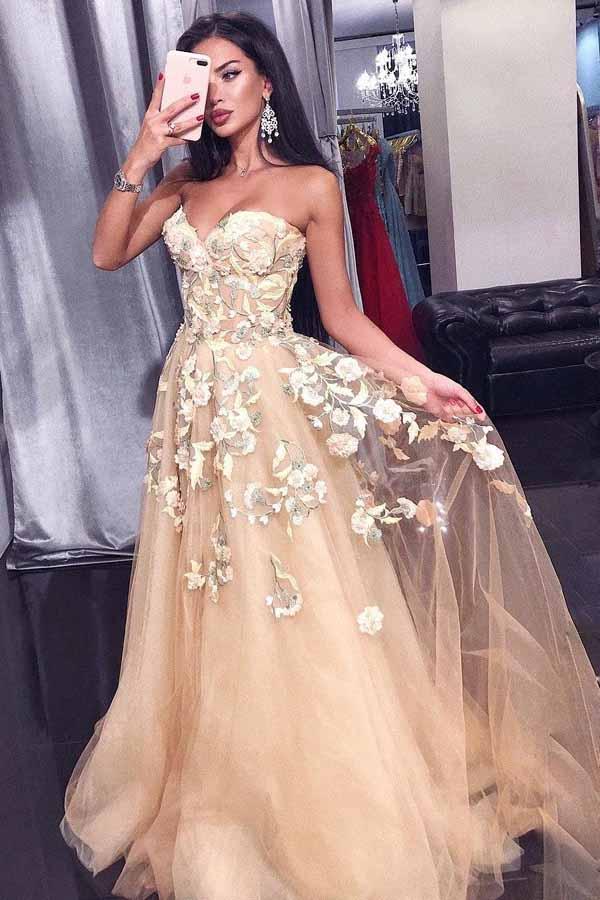 sweetheart tulle long prom dress with floral appliques