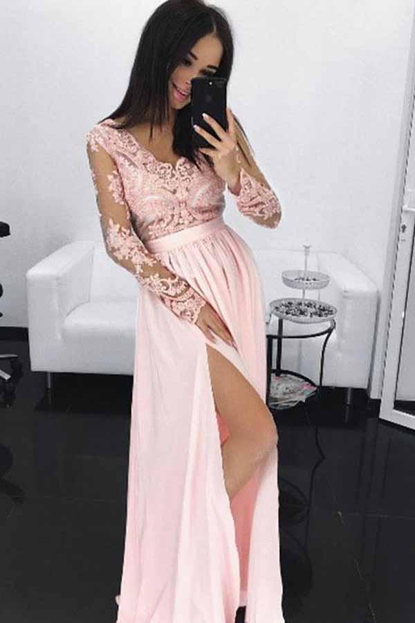 a line v neck long sleeves pink appliques prom dress with slit