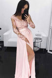 A-line V-Neck Long Sleeves Pink Appliques Prom Dress with Slit MP350