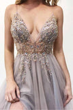 spaghetti straps v neck beaded bodice long prom dress with slit