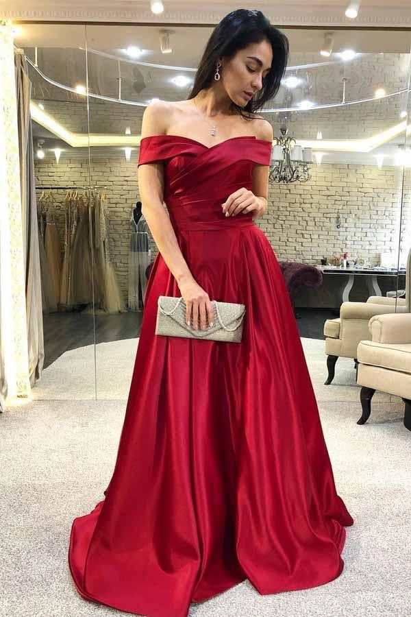 elegant off the shoulder burgundy satin prom dress with ruched