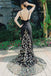 black mermaid prom dress spaghetti straps with floral embroidery